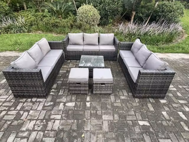 Fimous 11 Seater Outdoor Rattan Garden Furniture Set in Dark Grey with U-Shape Sofa, Coffee Table and Ottomans