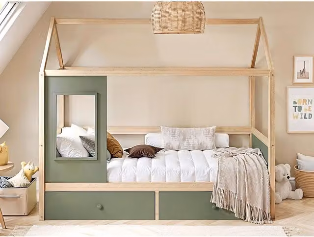 Flair Furnishings Kids House Bed Frame with Storage Drawers in Khaki Green