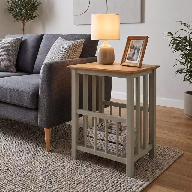 FWStyle Oak Veneer Magazine Rack Side Table in Sage Green, Height: 45 cm