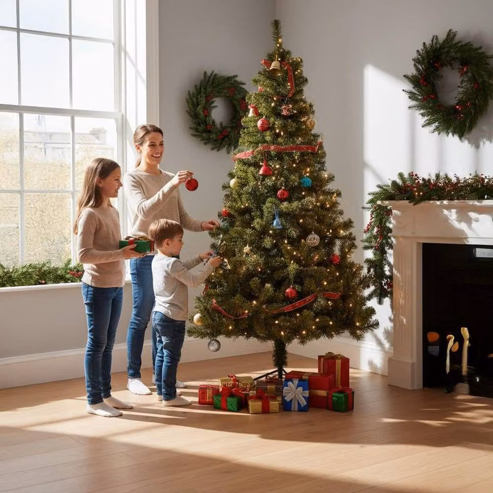 Shatchi Green Alaskan Pine Christmas Tree with Warm White LEDs, 8ft – 6
