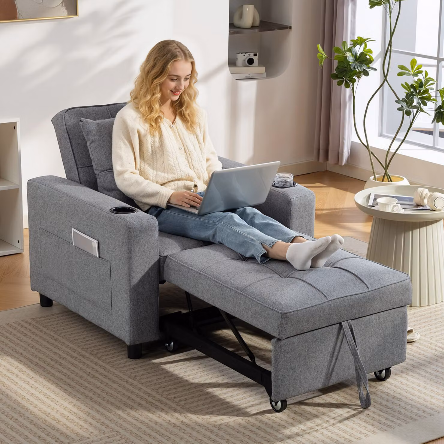HOMCOM 3-in-1 Single Sofa Bed, Convertible Fabric Sleeper Chair with Armrests and Cup Holder, Dark Grey – 2