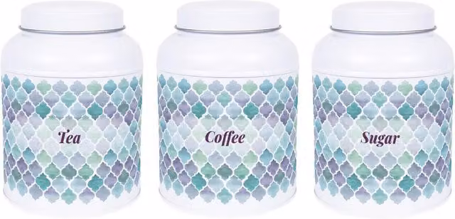 Purely Home Arabesque Tile Coffee Canister with Domed Lid, White and Multicolour Metal Kitchen Storage Tin