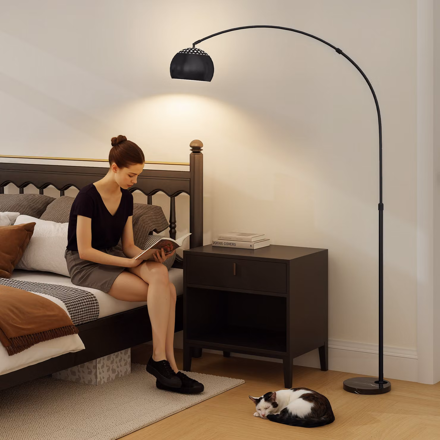 HOMCOM Modern Adjustable Arc Floor Lamp with Faux Black Marble Base in Black – 5