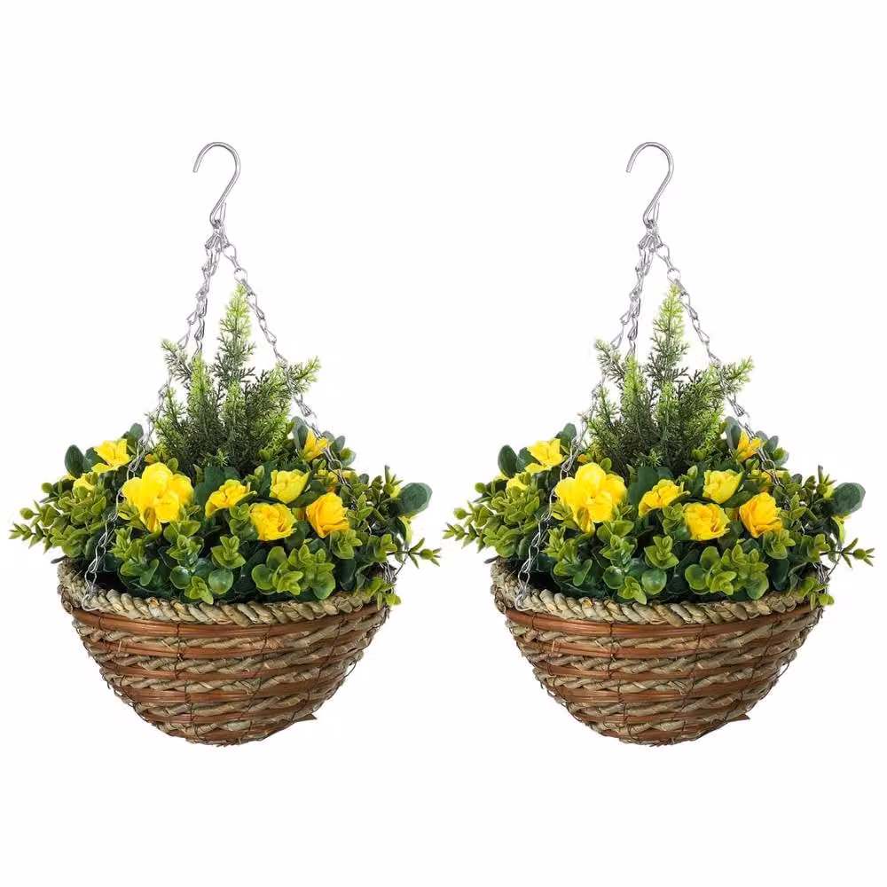 Wyld Haus Lema Set of 2 Yellow Artificial Lisianthus Hanging Flower Pots in Rattan – 2