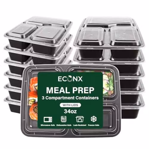 ECONX 20 Pack Black 3 Compartment Meal Prep Food Containers with Airtight Lids, 34oz Plastic Lunch Boxes – 1