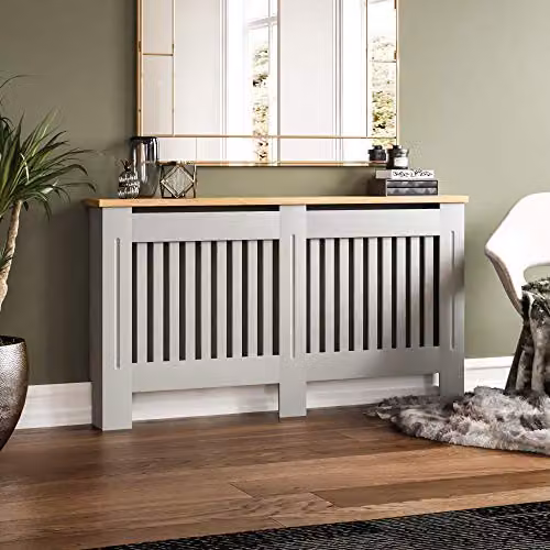 Vida Designs Arlington Radiator Cover in Olive Grey with Wood Top Shelf, H83 x W152 x D19 cm – 3