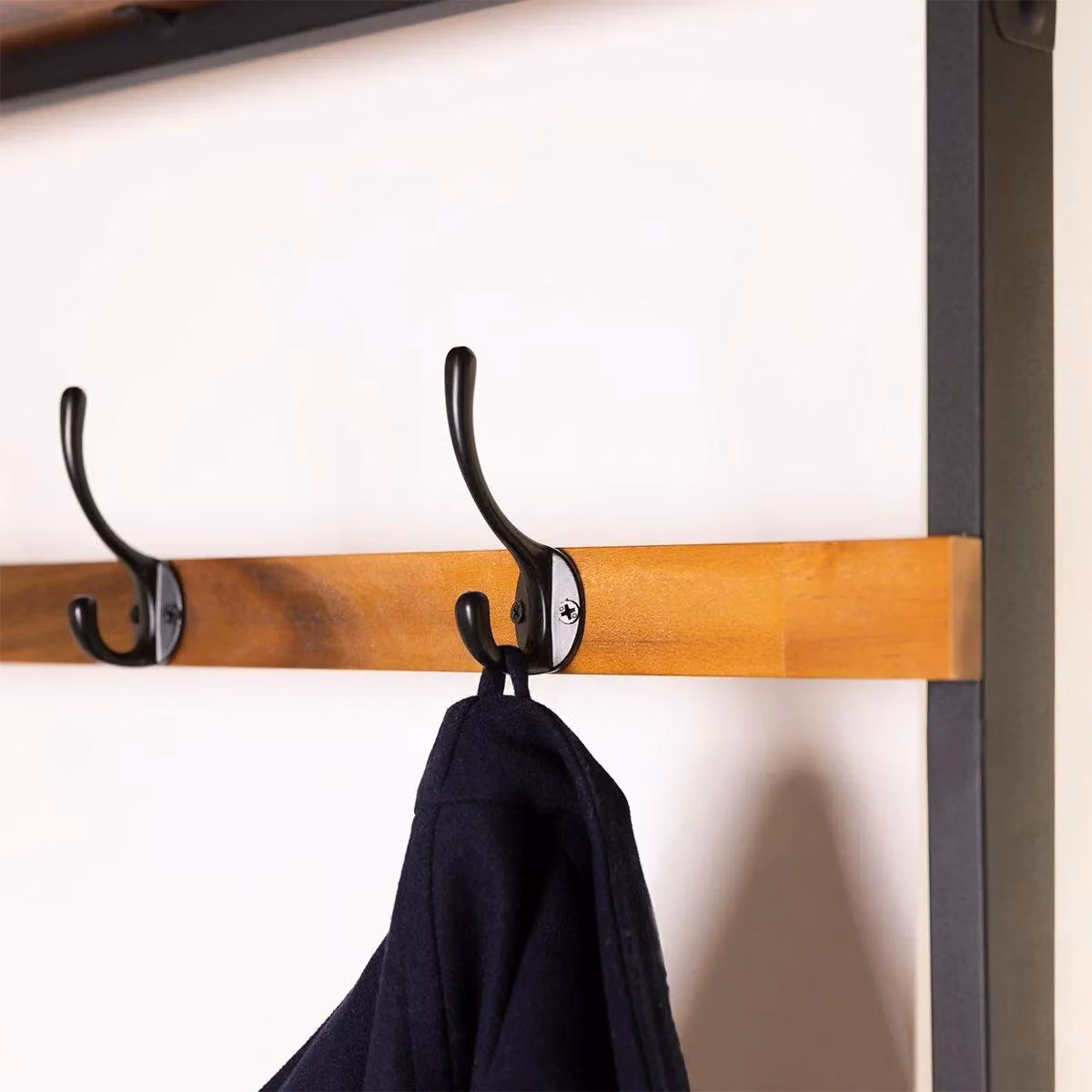 Charles Bentley Charnwood Extra Large Coat Rack with Shoe Tidy in Brown and Black Acacia Wood and Iron Frame – 2