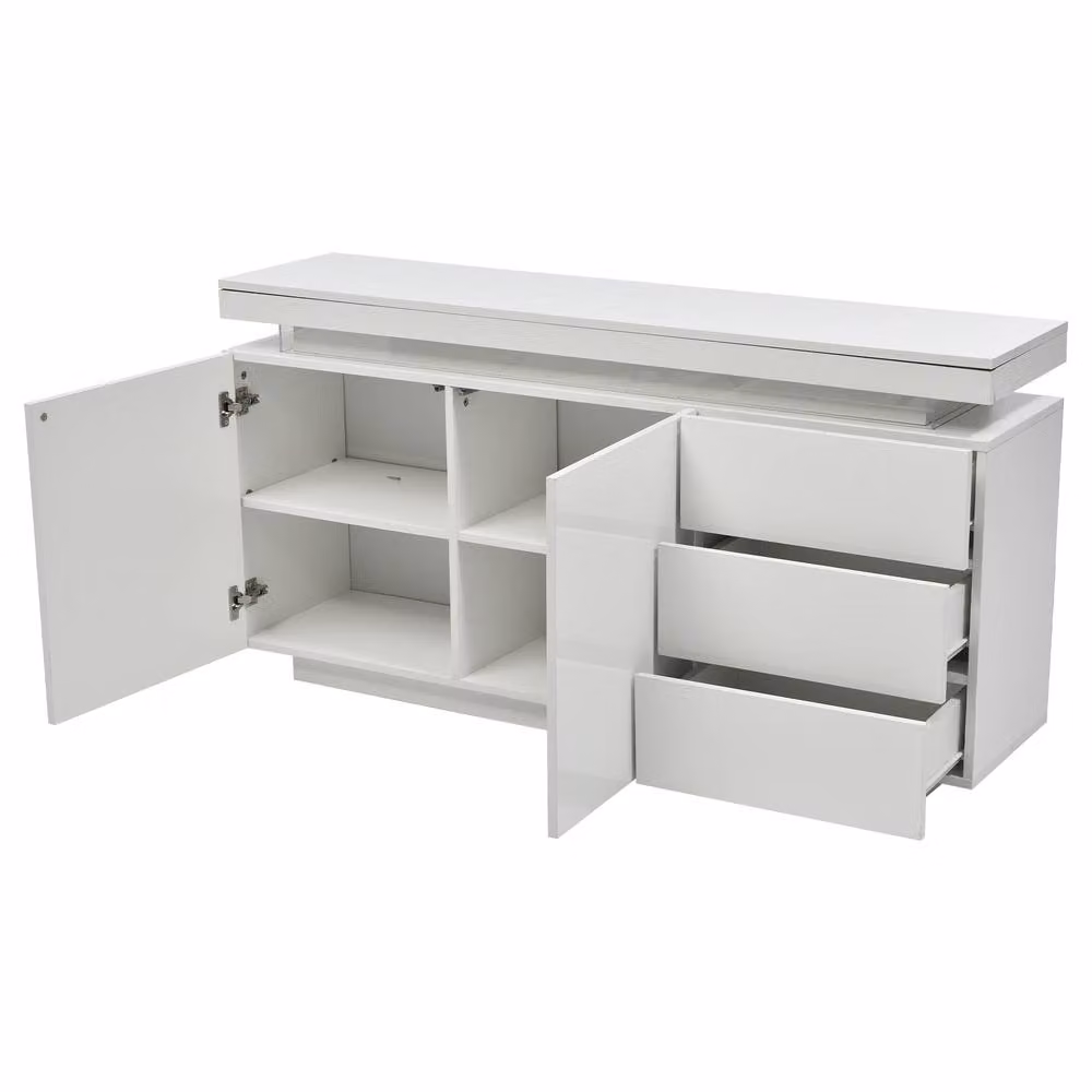 Merax High Gloss White LED Sideboard Cabinet with 3 Drawers and 2 Doors – 4