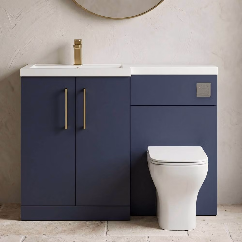 Balterley Modern Blue Left-Hand Vanity and WC Unit Combination with Brushed Brass Details, W: 110 cm, H: 84 cm – 7