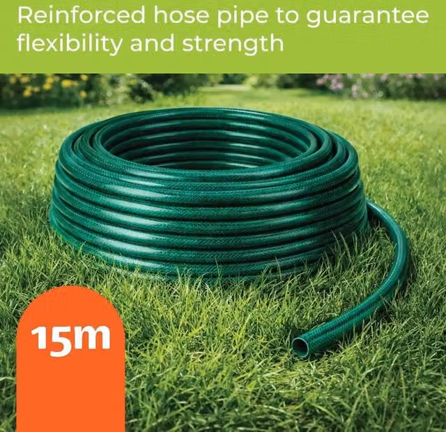 NESTLUNE Reinforced Garden Hose Pipe Kit with Tap Connector and Sprayer, Green, 15m – 1