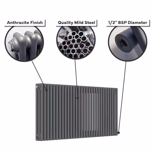 Lux Heat Anthracite Grey Horizontal 2 Column Traditional Steel Radiator, H: 60.0 cm, W: 60.5 cm – 7