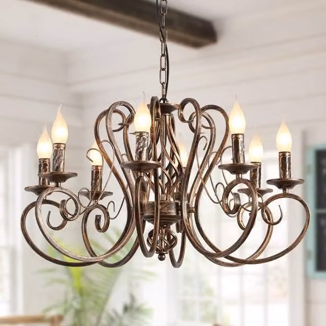 NIVOR 8-Light French Country Vintage Metal Pendant Chandelier in Bronze with Adjustable Height