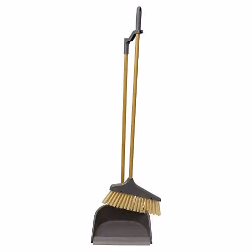 JVL Bamboo Long Handle Dustpan and Bristle Brush Set in Orange or Brown – 1