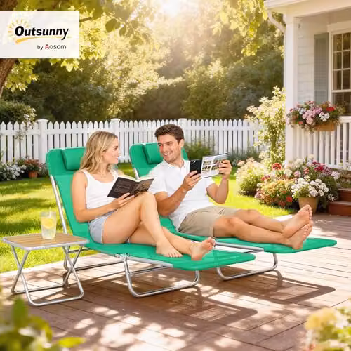Outsunny Set of 2 Folding Sun Loungers in Dark Green Textilene with Adjustable Headrest and Powder Coated Steel Frame – 2