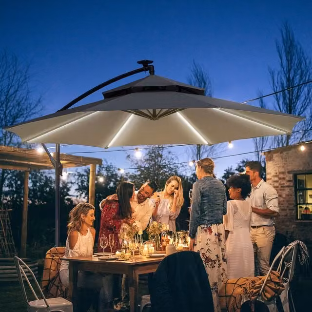 Outsunny Grey Cantilever Banana Parasol with Double Roof and LED Lighting, 3 m