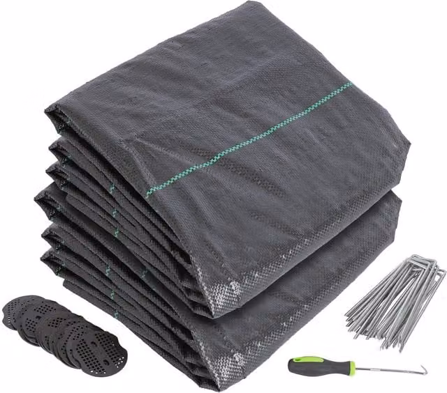 Harbour Housewares Black 110gsm Weed Control Membrane with Pegs and Plates (2 Rolls)