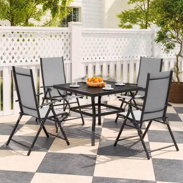STILVORA Modern Grey Outdoor Dining Set with Square Powder Coated Steel Table and Folding Chairs – 1