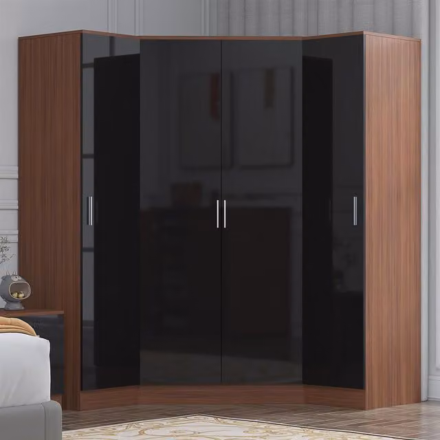 REFLECT Wardrobe Bundle featuring one 2-door corner wardrobe and two 1-door wardrobes in Black Gloss and Matt Walnut