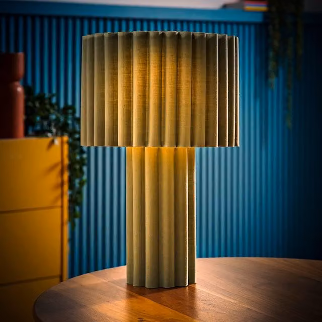 Lenny Ribbed Fabric Table Lamp with Drum Lampshade and LED Bulb, Green