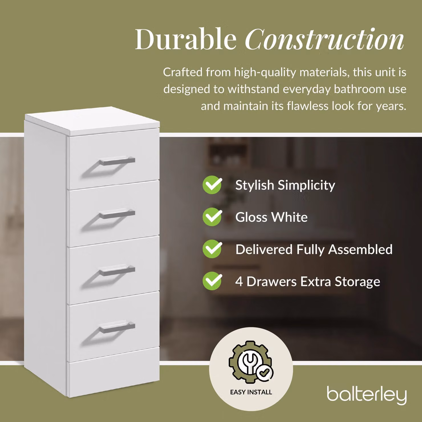 Balterley Slimline 4 Drawer Unit in Gloss White, W: 30 cm, D: 30 cm, H: 30 cm – 2