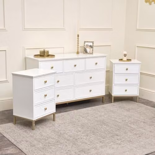 Melody Maison Aisby White and Gold Large Chest of Drawers and Pair of Bedside Tables