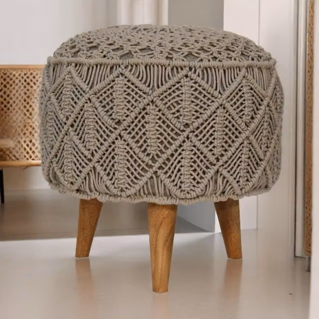 Artisan Furniture Grey and Brown Crochet Cotton Fabric Footstool with Wood Frame