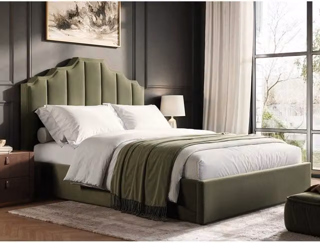 Flair Green Velvet Upholstered Ottoman Bed with Lift Up Base, W: 180 cm, D: 200 cm