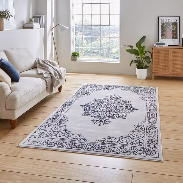 Terrys Blue and Silver Rectangular Ornament Rug with Metallic Effect Yarn