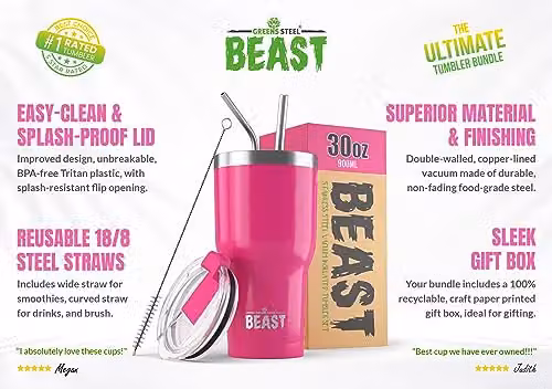 Greens Steel Beast Tumbler in Cup Cake Pink, 900 ml Vacuum Insulated Stainless Steel Travel Mug with Lid – 2