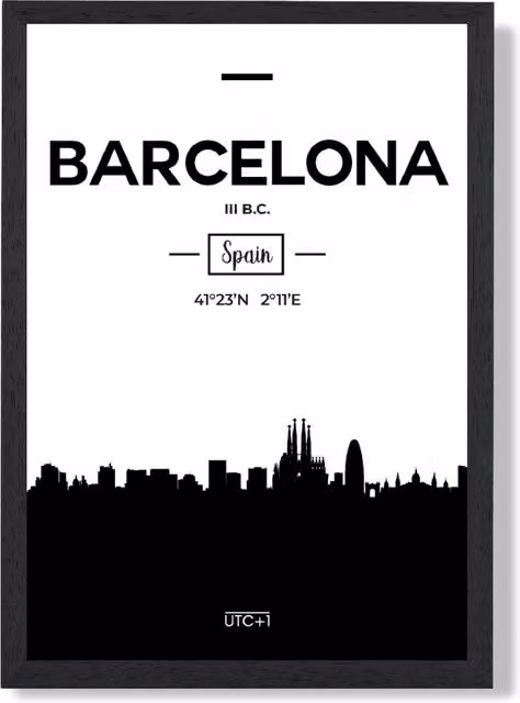 ARTZE Barcelona Black & White City Skyline Framed Paper Poster, A2