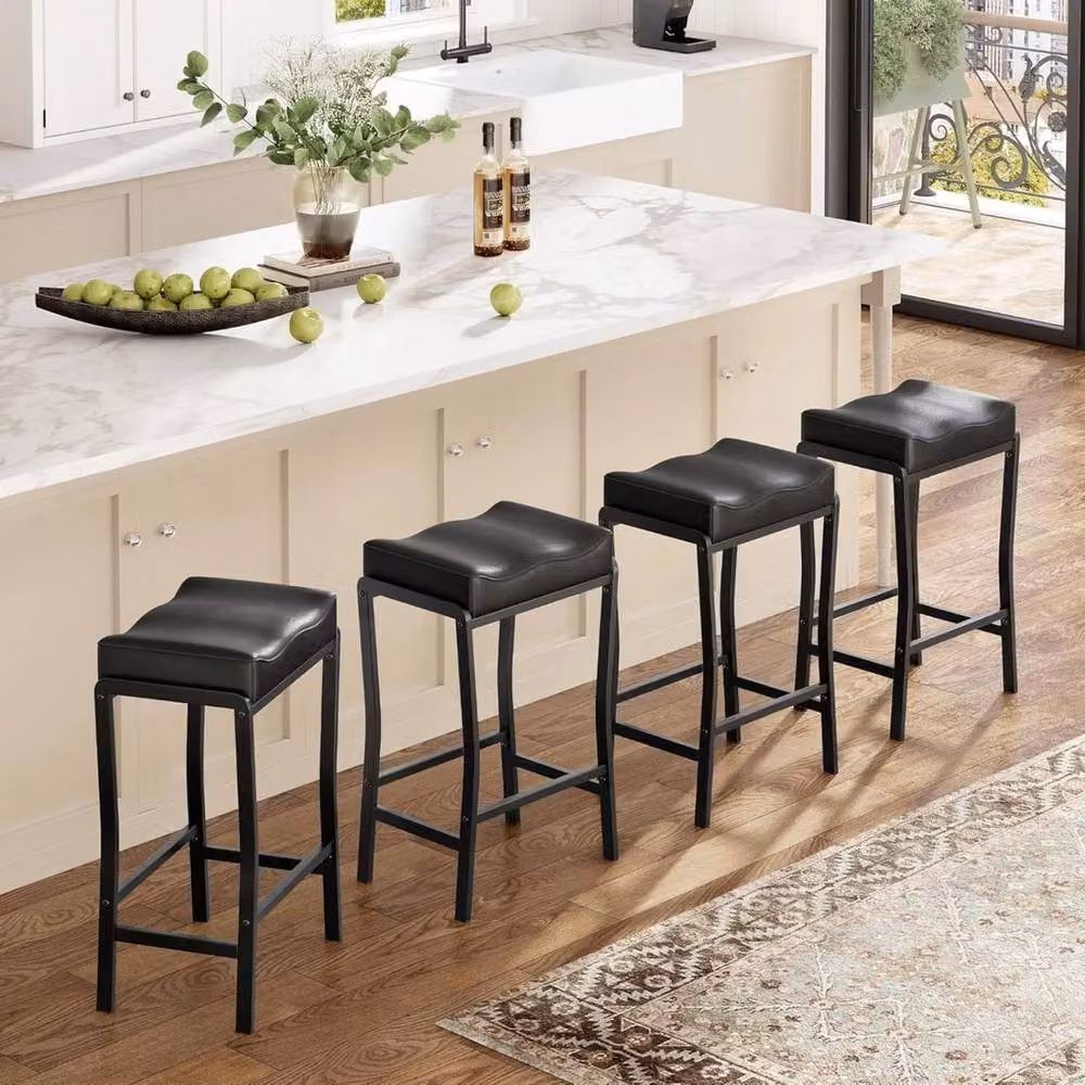 VOGREX Set of 4 Modern Metal Bar Stools in Black with Synthetic Leather Seats – 3