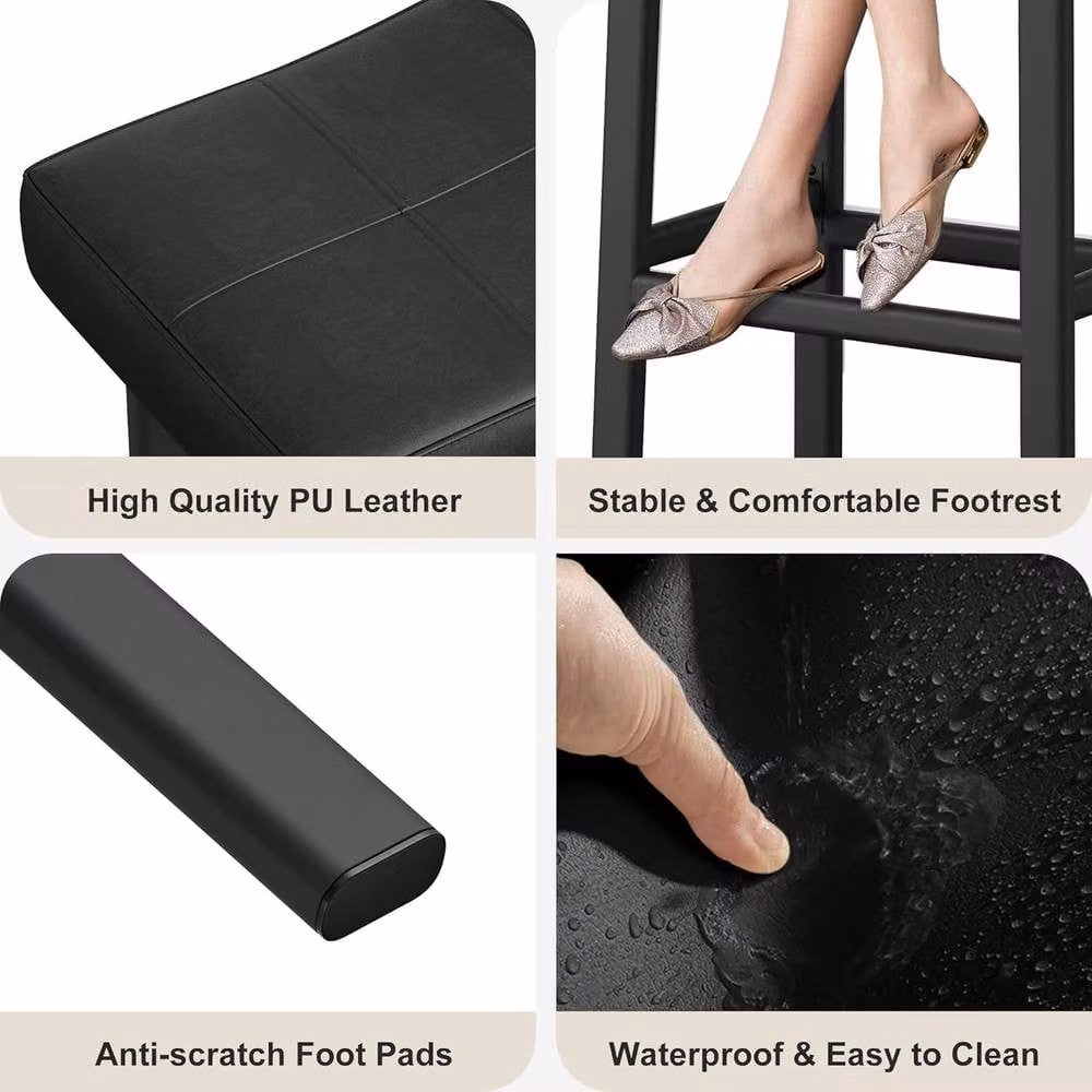 London Boutique Set of 2 Black Padded Synthetic Leather Kitchen Bar Stools with Metal Footrests – 5