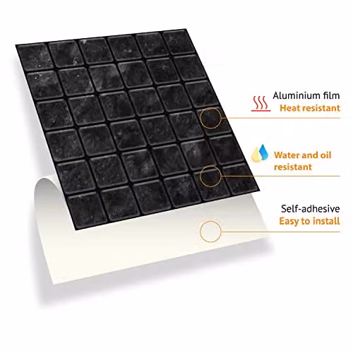 WALPLUS 24-Piece Dark Marble Mosaic Wall Tile Sticker Set in Black and Grey, Glossy Aluminium Film Peel and Stick Backsplash Decals for Kitchen and Bathroom, W/D/H: 15 x 15 x 0.54 cm – 7