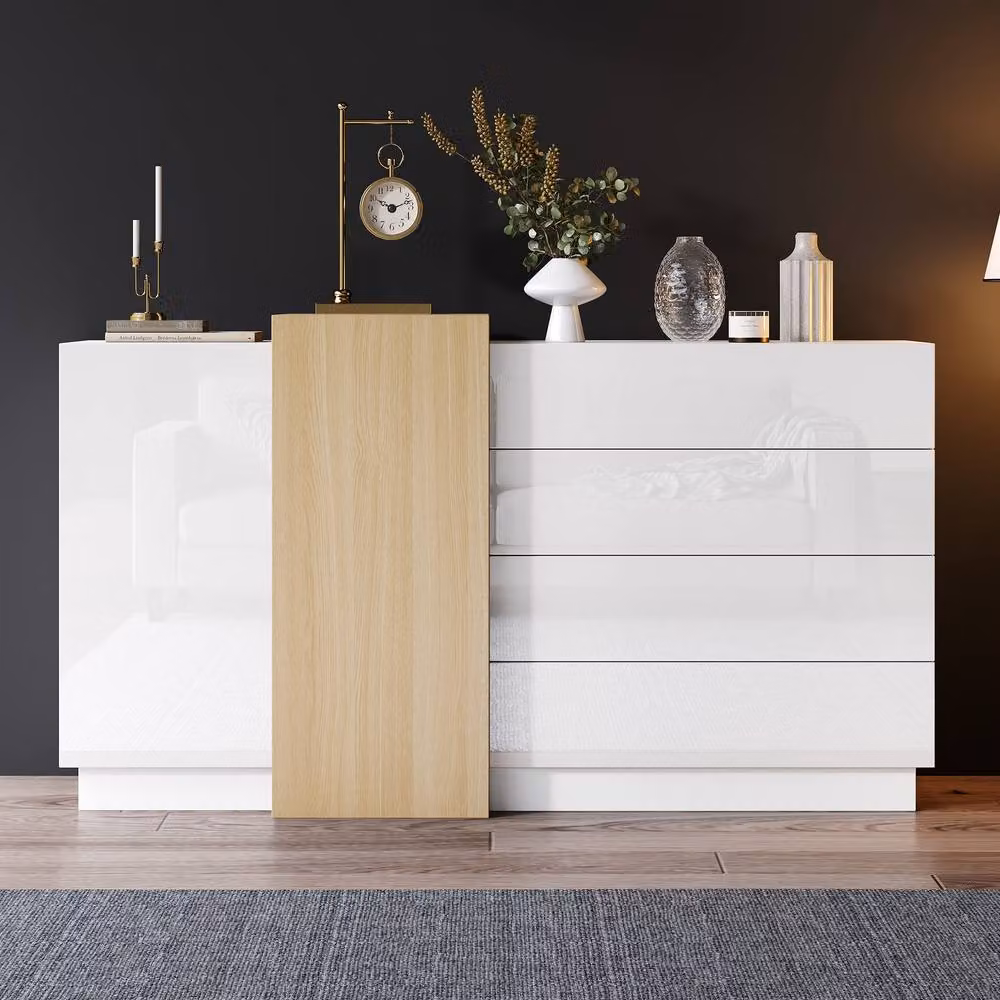 BTM High Gloss White Sideboard Cabinet with Drawers and Doors, W/D/H: 140 x 35 x 76.5 cm – 2
