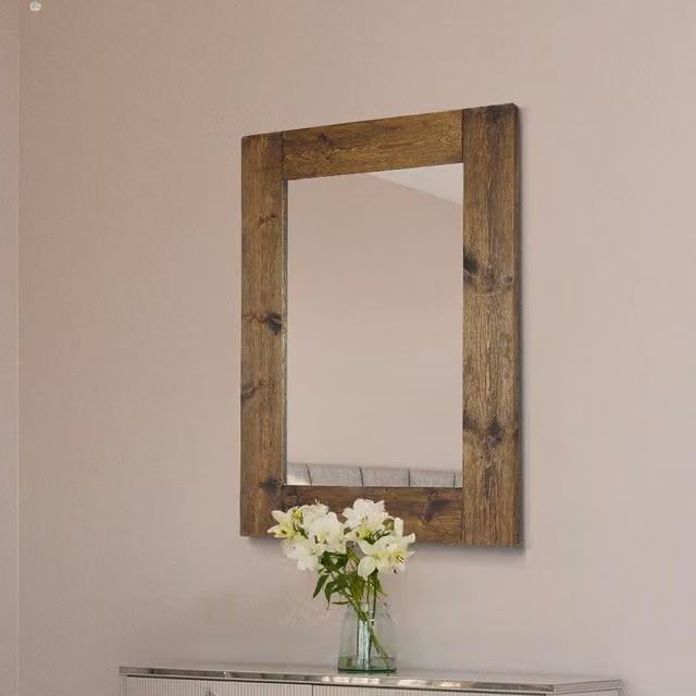 MirrorOutlet Farmhouse Large Rectangular Dress Mirror in Dark Natural Wood, Brown, W: 88 cm, H: 118 cm
