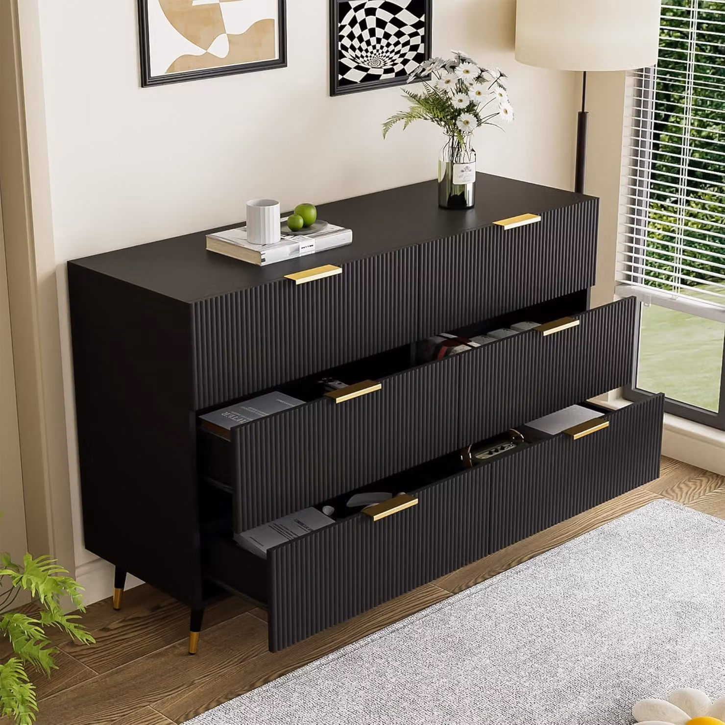 Aosom UK 6-Drawer Minimalist Sideboard with Wave-Textured Front and Metal Handles in Black and Gold, W/D/H: 120 x 40 x 77 cm – 3