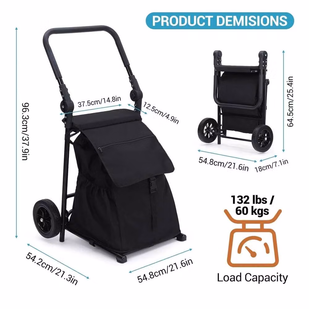 VOGREX 2-in-1 Foldable Grocery Cart with Seat, Portable Utility in Black – 2