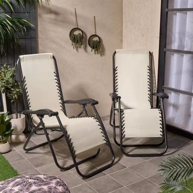 OHS Set of 2 Modern Gravity Folding Garden Sun Loungers with Armrests in Beige, Yellow and White Textilene Fabric