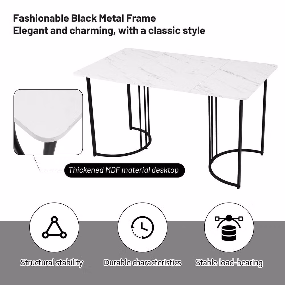 Rolipo Modern Rectangular Dining Table with White Marble Effect MDF Top and Metal Sled Base, W: 140 cm, D: 80 cm, H: 75 cm – 4