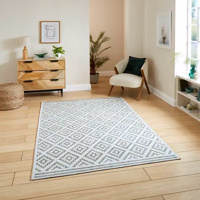 Terrys Green Geometric Modern Flat Weave Polyester Rectangular Washable Rug