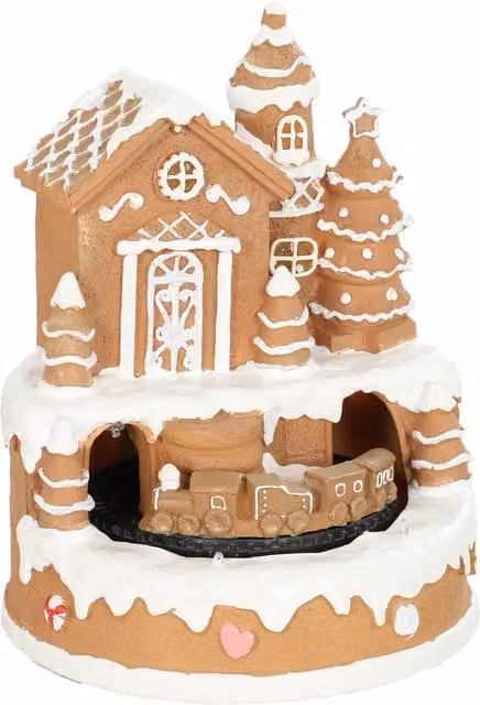 HOMCOM Christmas Gingerbread House Lighted Musical Snow Village with Rotating Train and LEDs in White and Brown – 1