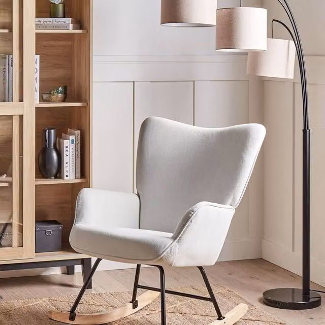 Wyld and Coco Aura Living Rocking Armchair in White Jumbo Cord with Black Metal and Rubberwood Legs – 1