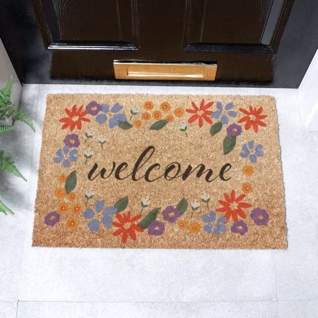 Artsy Mats Welcome Floral Border Coir Doormat in Brown, W/D: 60 x 40 cm