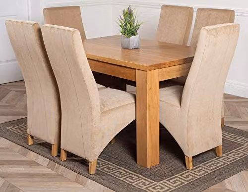 Thats Furniture Dakota Oak Dining Table and 6 Lola Beige Fabric Upholstered Chairs Set, W/D/H: 127 x 82 x 77 cm