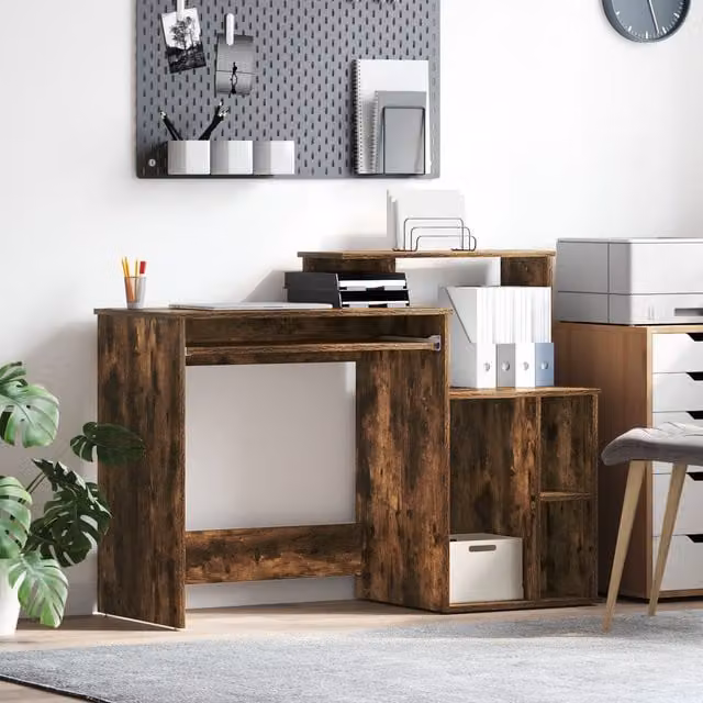 Berkfield Modern Writing Desk with Storage in Smoked Oak Brown, W/D/H: 120.5 x 44 x 88.5 cm