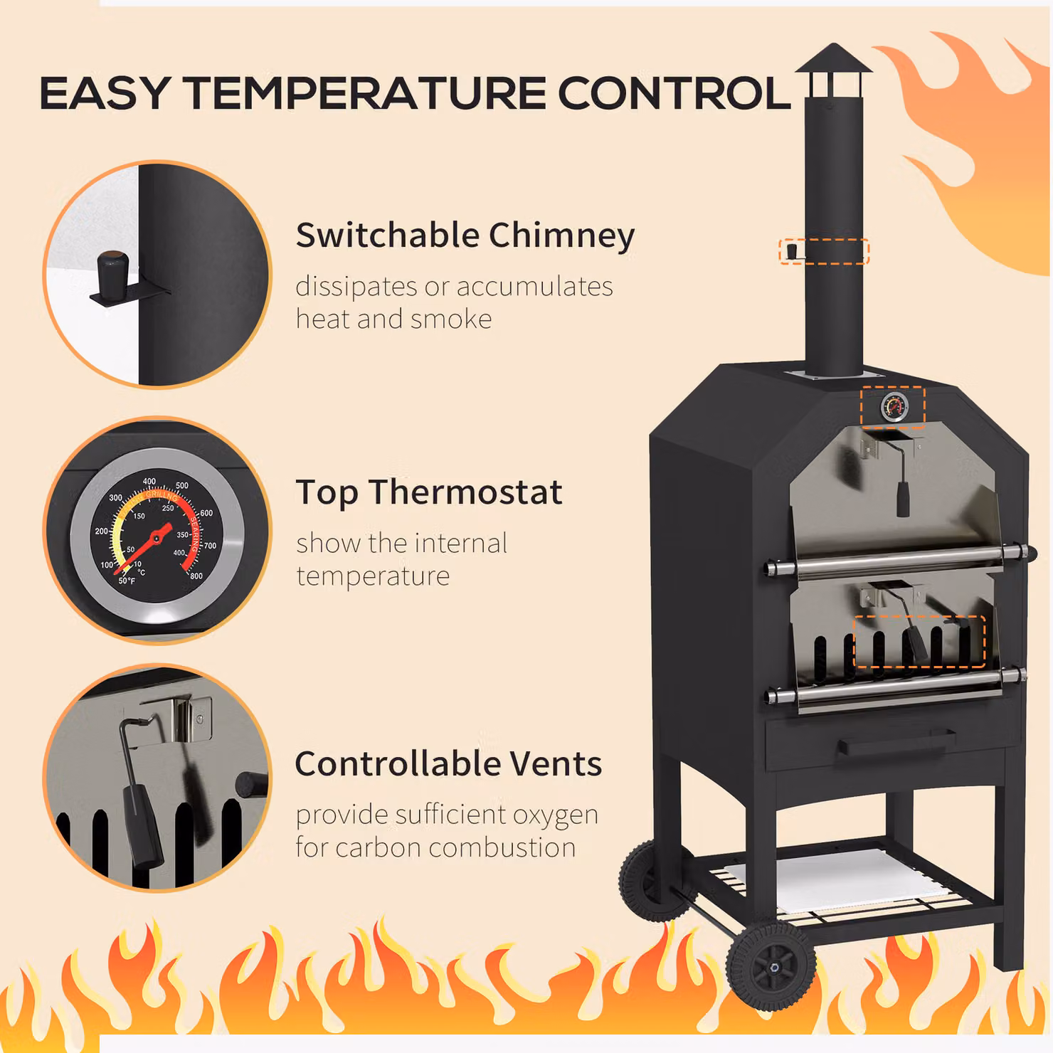 Outsunny 3-Tier Steel Charcoal Pizza Oven and BBQ Grill with Thermometer and Wheels, Black, H 158 x W 66 x D 45 cm – 6