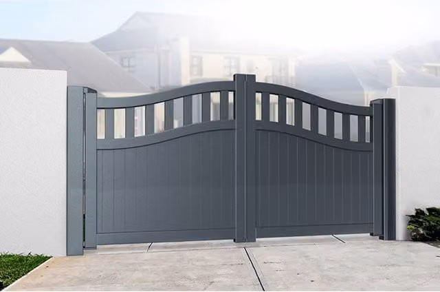 Ready Made Double Swing Gate in Grey with Vertical Solid Infill and Bell, W: 350 cm, H: 220 cm – 1