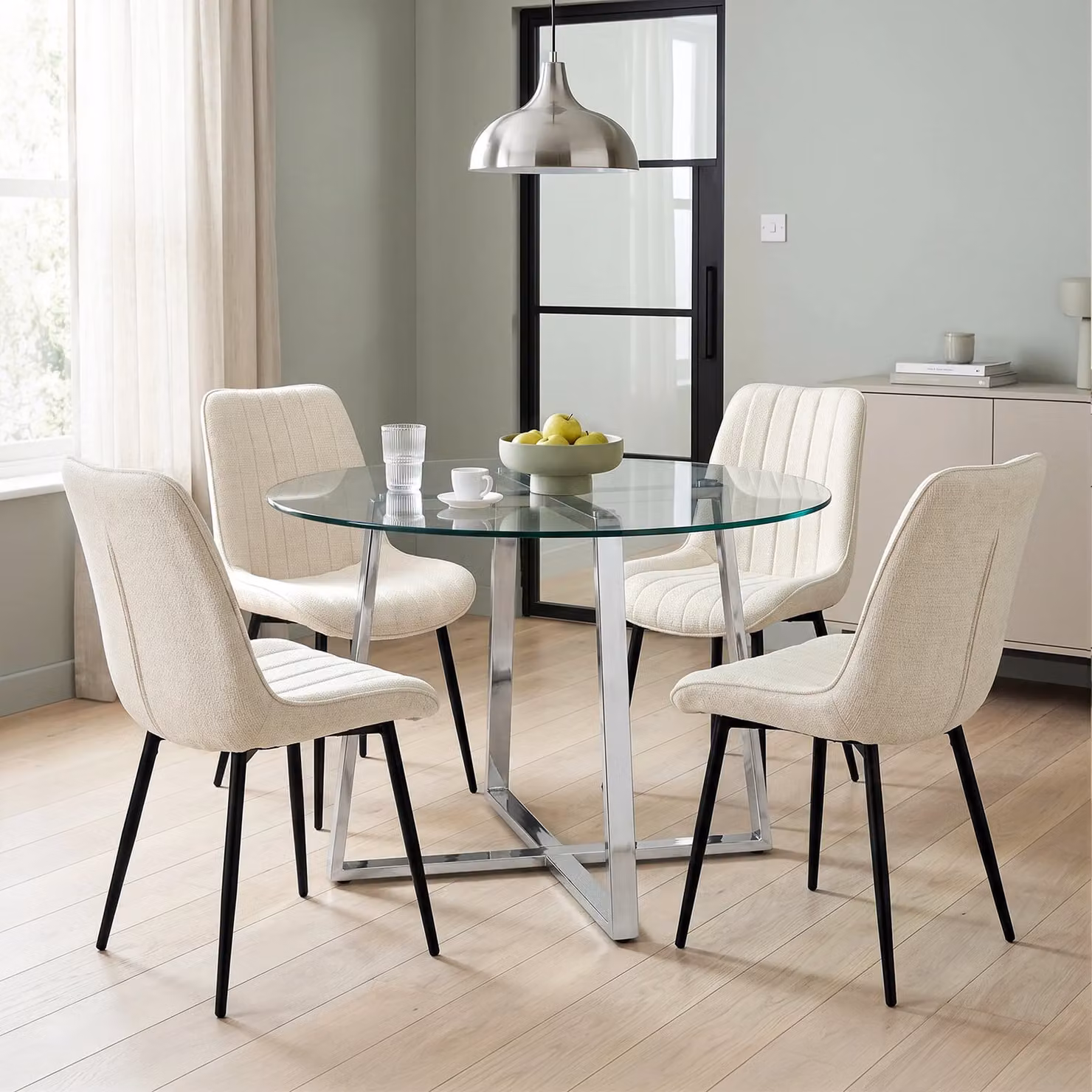 DHS Modern Round Glass Dining Table Set with 4 Chairs in Beige, Blue or Grey