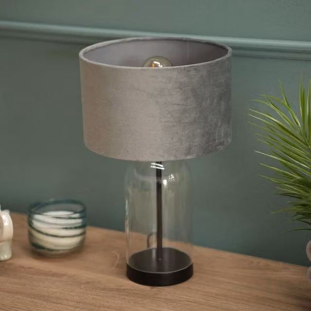 ValueLights Jessy Modern Table Lamp with Black Glass Base and Grey Fabric Shade