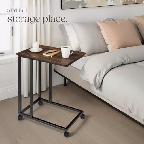 tectake C-Shaped Industrial Side Table with Steel Frame and Swivel Castors, Dark Wood and Black, W: 48 cm, D: 35 cm, H: 70 cm – 6